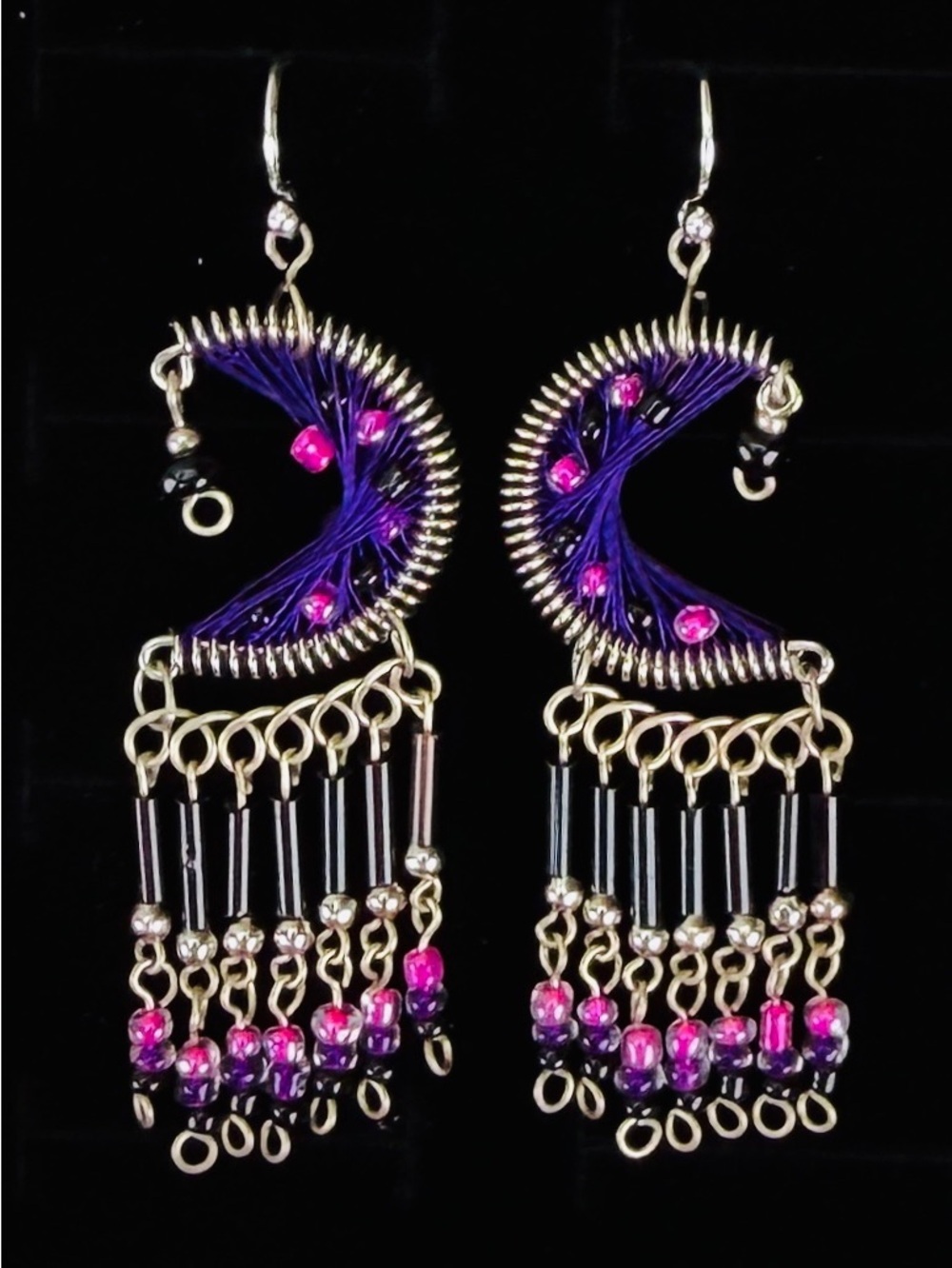 Silvertone purple black moon fringe chandelier astrology gypsy pierced earrings